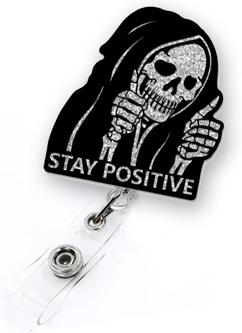 LEBEIGHT Funny Halloween Badge Reel Retractable for Nurse Doctor Healthcare Worker & Nursing Student | Stay Positive Horror Spooky Badge Holder with Alligator Clip & 24”Durable Nylon Retractable Cord | Acrylic - Image 1